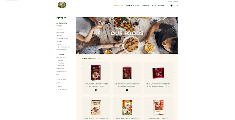 Screenshot of Nature's Path homepage